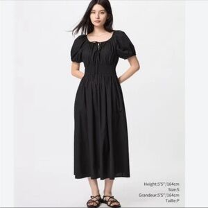 Uniqlo Black Ruched Puff Sleeve Midi Dress